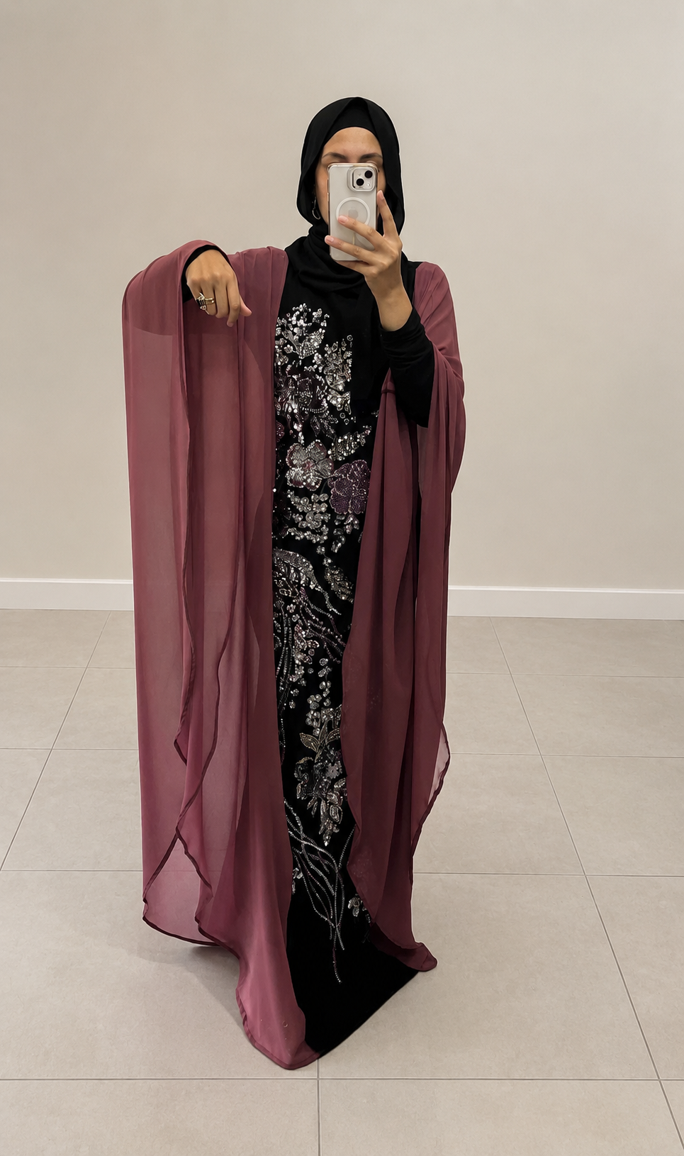 Dusky Rose Embellished Butterfly Abaya - Image 6